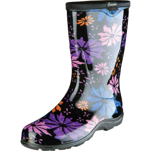 Sloggers Women's Size 7 Black w/Flowers Rain & Garden Rubber Boot